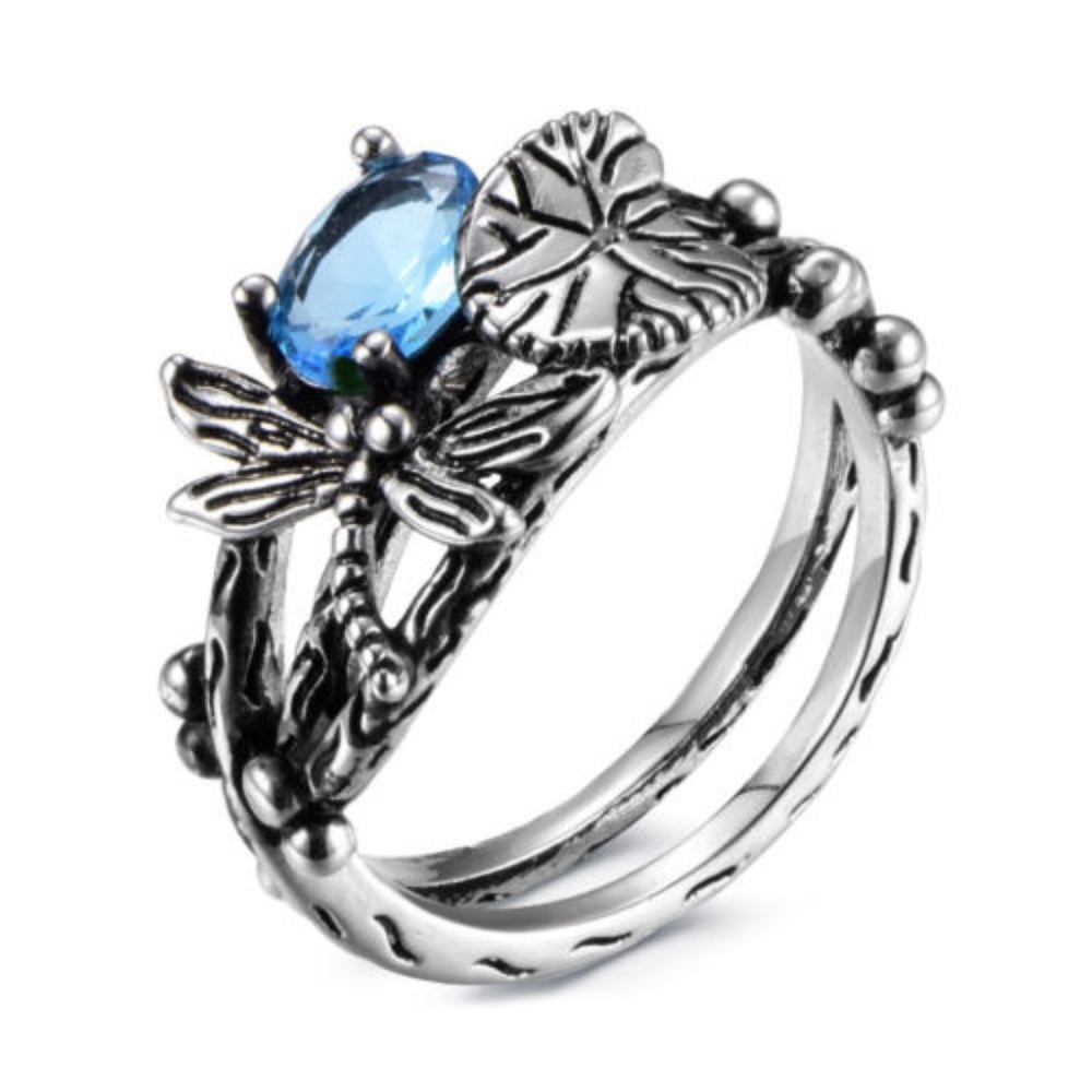 Vintage‎ Lotus Leaf Dragonfly Crystal Ring Silver